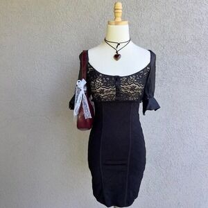 Bebe Black Bandage Dress w/ Lace Size XS Whimsy Gothic Glam Y2K